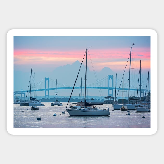 Pell Bridge Newport Harbor Newport RI Rhode Island Purple Sunset Sticker by WayneOxfordPh